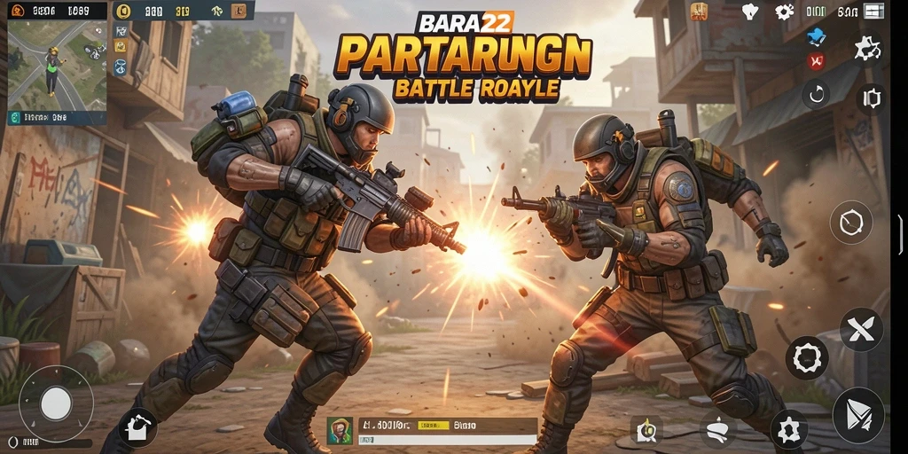 Tangkapan layar utama menunjukkan aksi seru dalam pertarungan Battle Royale.