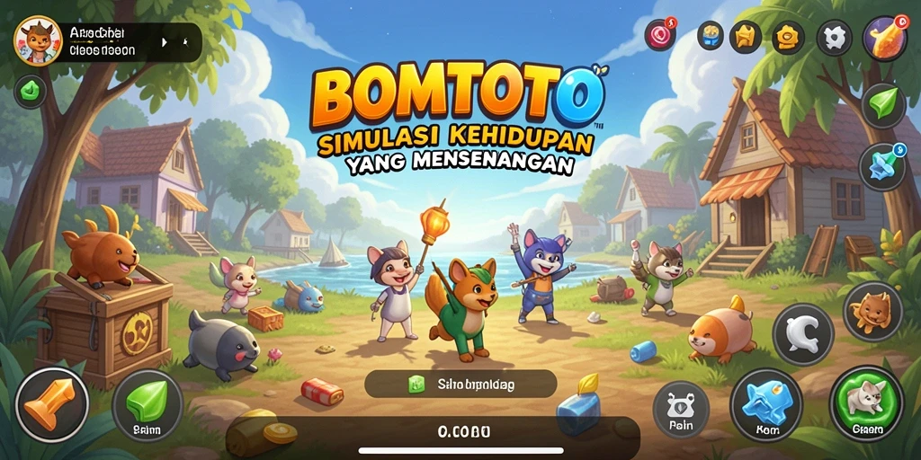Screenshot gameplay <strong>BOMTOTO</strong> menampilkan karakter berinteraksi dalam lingkungan yang penuh warna.