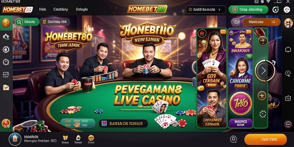 Screenshot utama HOMEBET88 menampilkan dealer langsung dan permainan menarik.