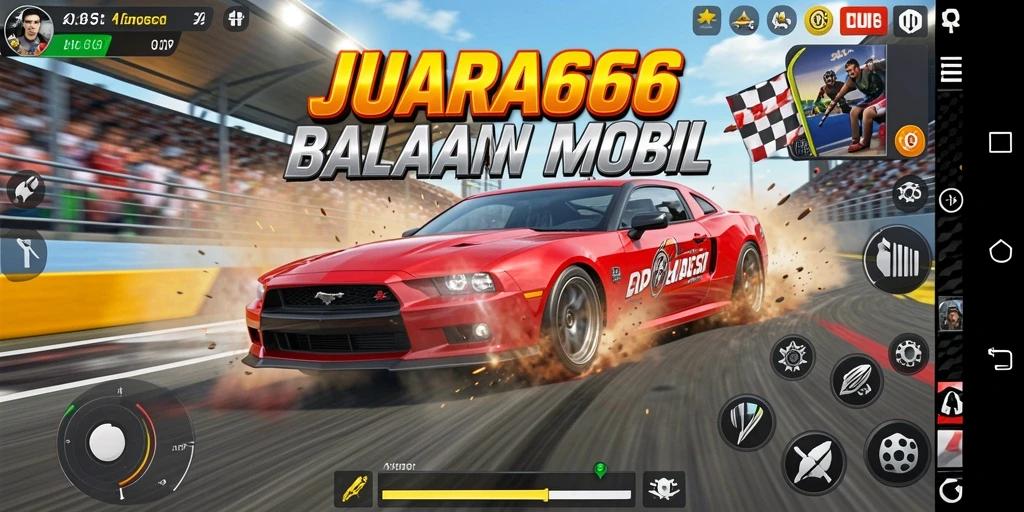 Gameplay Racing JUARA666 yang mendebarkan dengan mobil dan trek yang menarik.