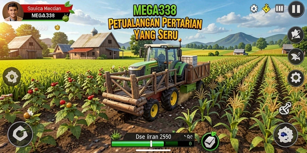 Screenshot MEGA338 menampilkan kebun yang subur dan aktivitas pertanian menarik.
