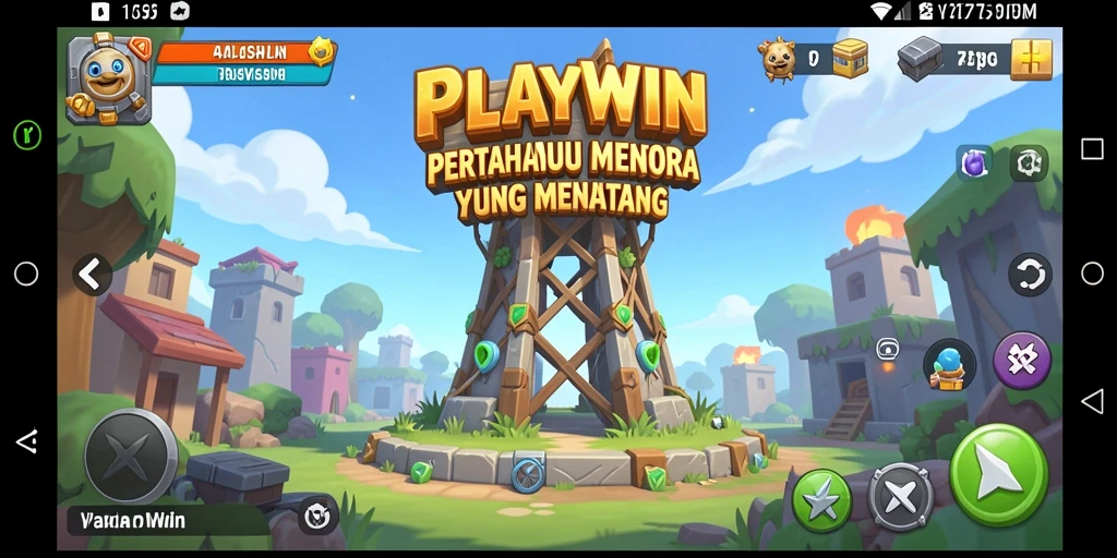 Tangkapan layar gameplay <strong>PLAYWIN</strong> menunjukkan menara pertahanan yang menakjubkan dan serangan musuh yang intens.