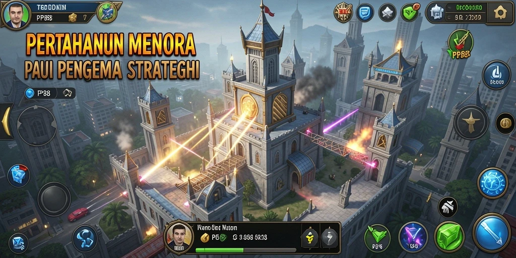 Tampilan permainan PP88 dengan menara yang strategis dan musuh yang menyerang.
