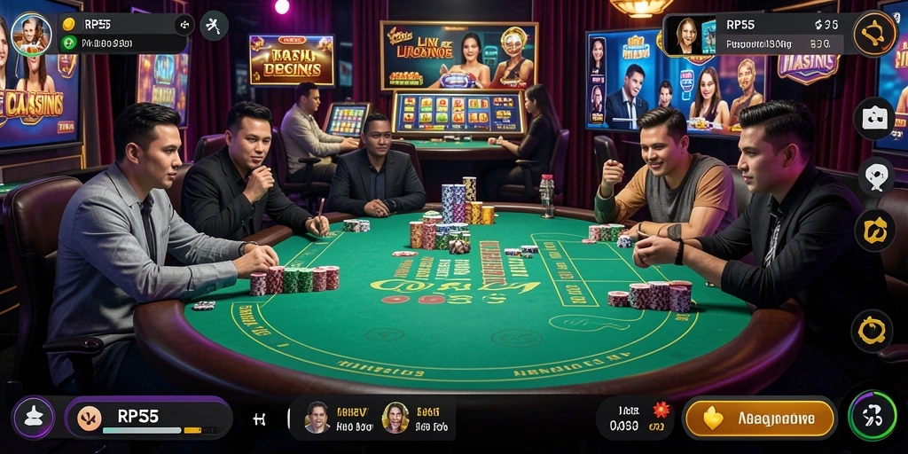 Screenshot gameplay RP55 menampilkan dealer live dengan suasana kasino yang nyata.