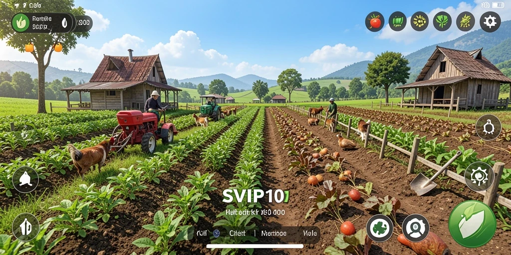 Screenshot gameplay SVIP10 yang menampilkan kebun yang subur dan aktif.