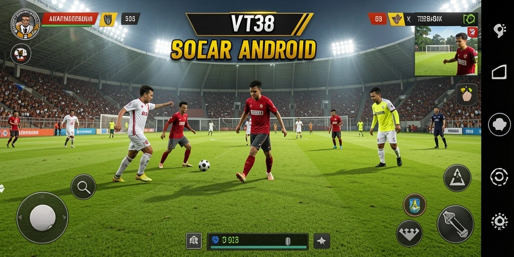 Screenshot utama VT38 menunjukkan aksi menegangkan di lapangan sepak bola.