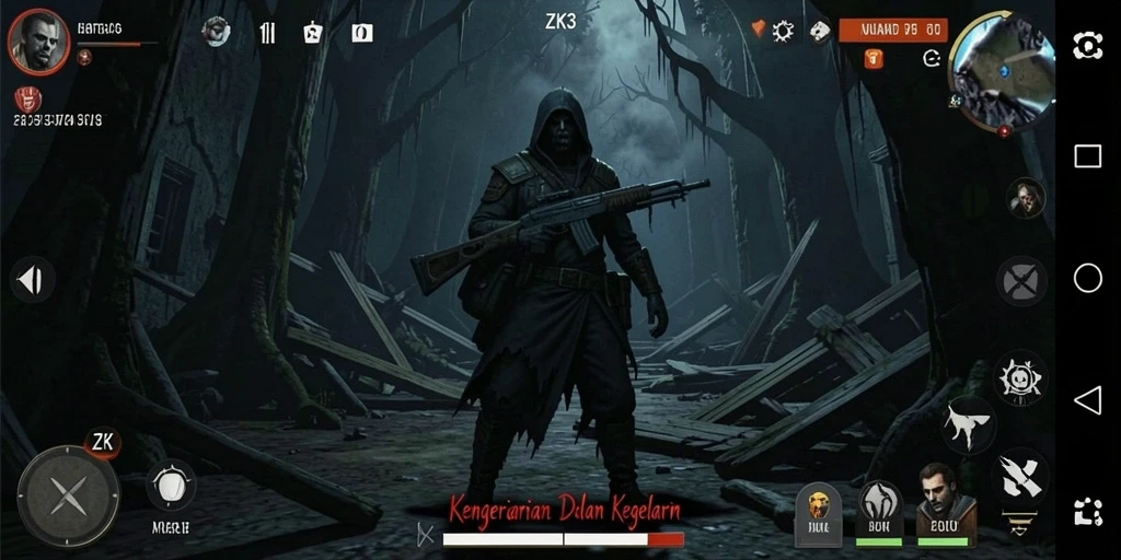 Screenshot gameplay ZK3 menunjukkan suasana suram dan menegangkan.